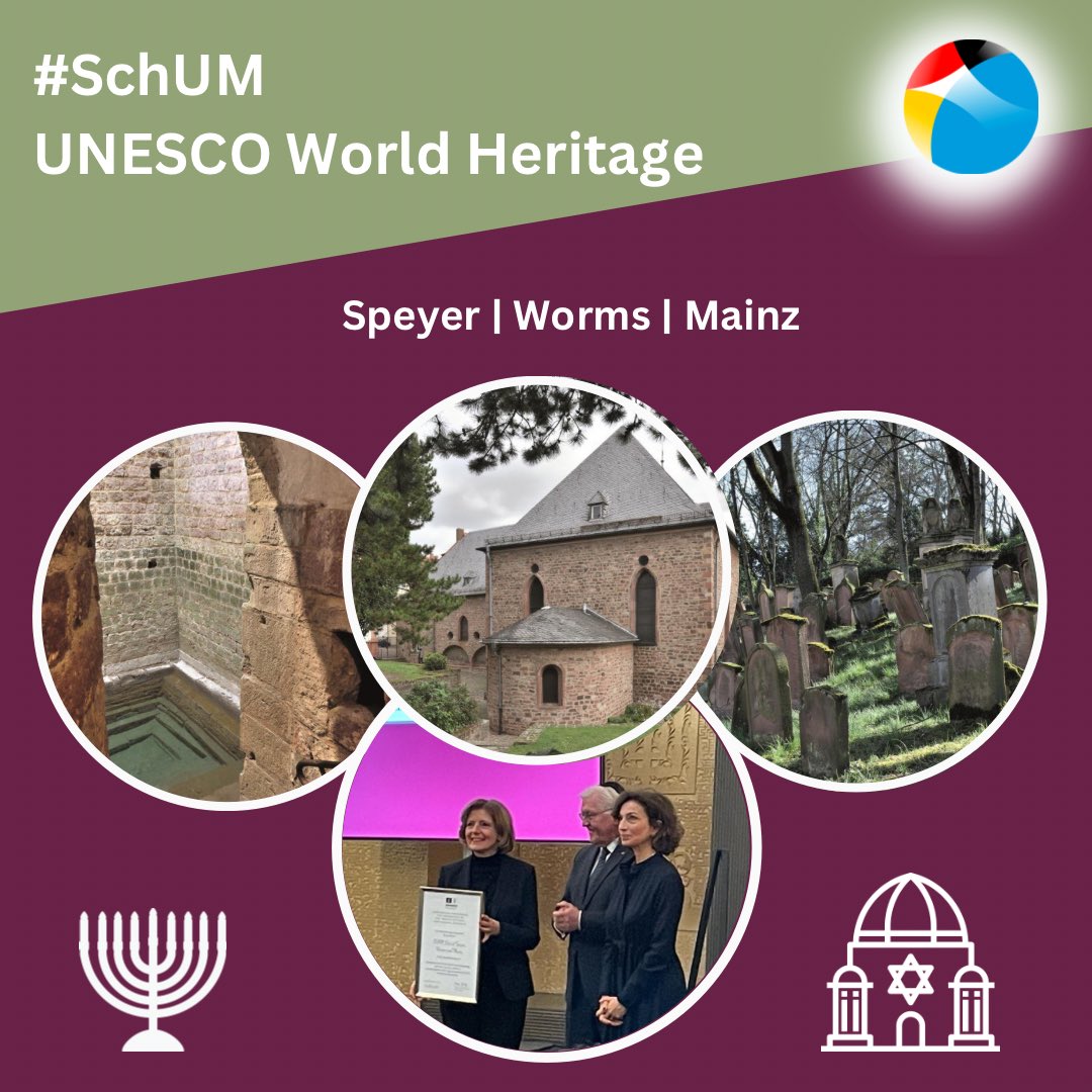 GermanyUN's tweet photo. Today @AAzoulay handed over the #WorldHeritage certificate of #SchUM sites to 🇩🇪 President Steinmeier. They were inscribed on #UNESCO list as first sites related to Jewish heritage in Germany!
#DYK? SchUM stands for the three cities where the historic sites are located! https://t.co/B7EOyqWIpo