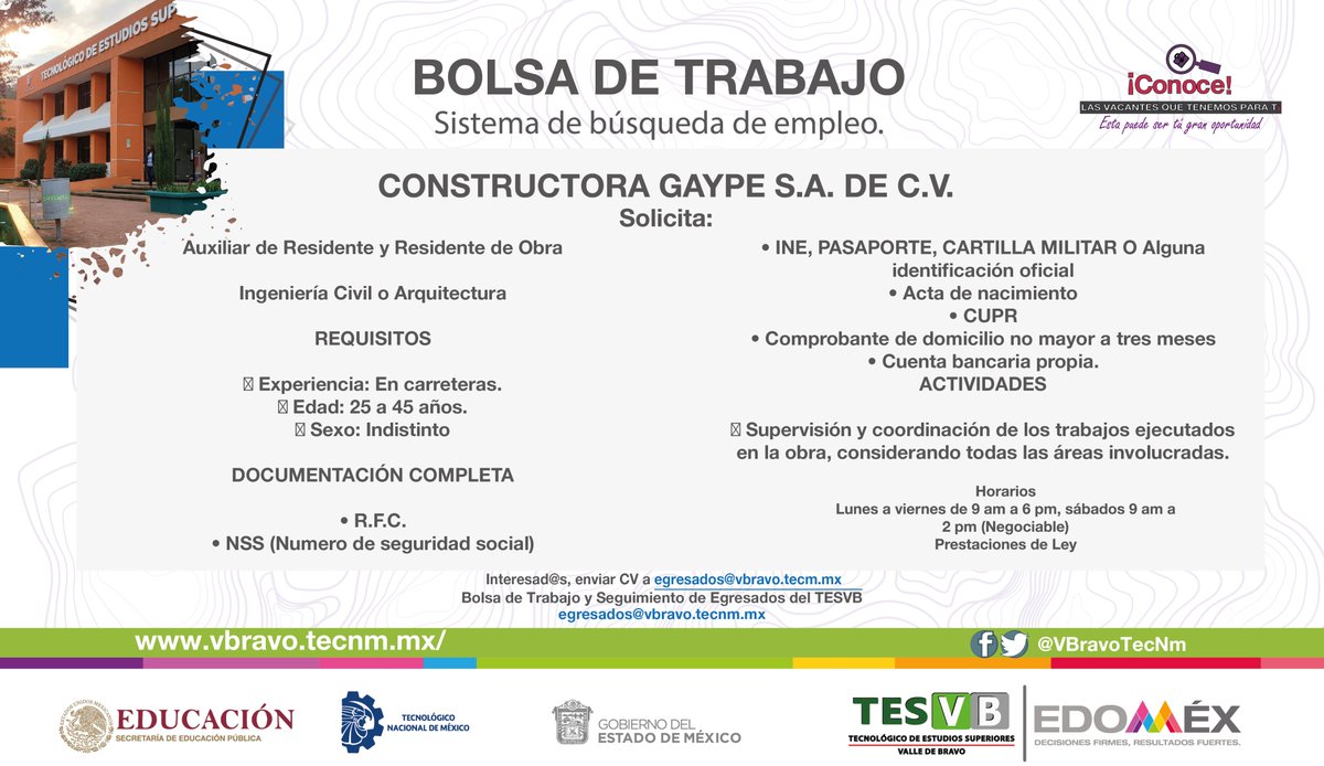 VBravoTecNm's tweet photo. #TESVB #BolsaDeTrabajo #EgresadosTesvb Interesados en la vacante enviar C.V. completo al correo electrónico egresados@vbravo.tecnm.mx vigencia 1 de febrero a 28 de febrero de 2023 https://t.co/z1NKwTHc0e