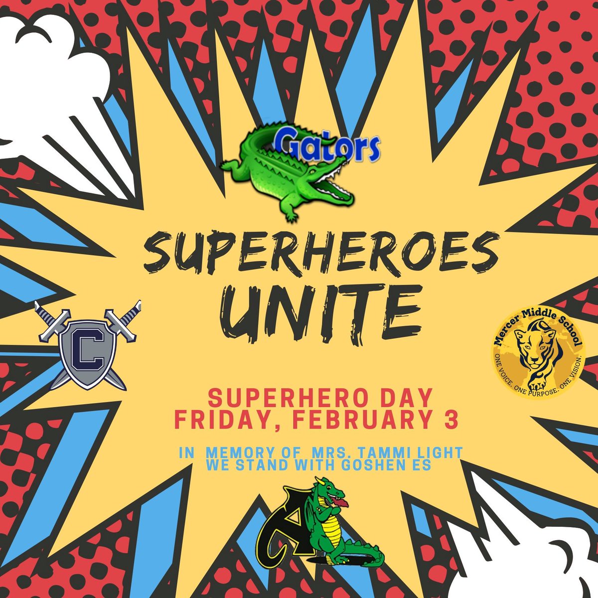 Please join Goshen Post and the entire John Champe Cluster on Friday, February 3rd as we remember Mrs. Tammi Light. She was a true Superhero to us all! #GoGPGators <a href="/LCPS_Mercer/">Gum Spring Middle School</a> <a href="/JohnChampeHS/">John Champe High School</a> <a href="/arcola_dragons/">Arcola Elementary</a>