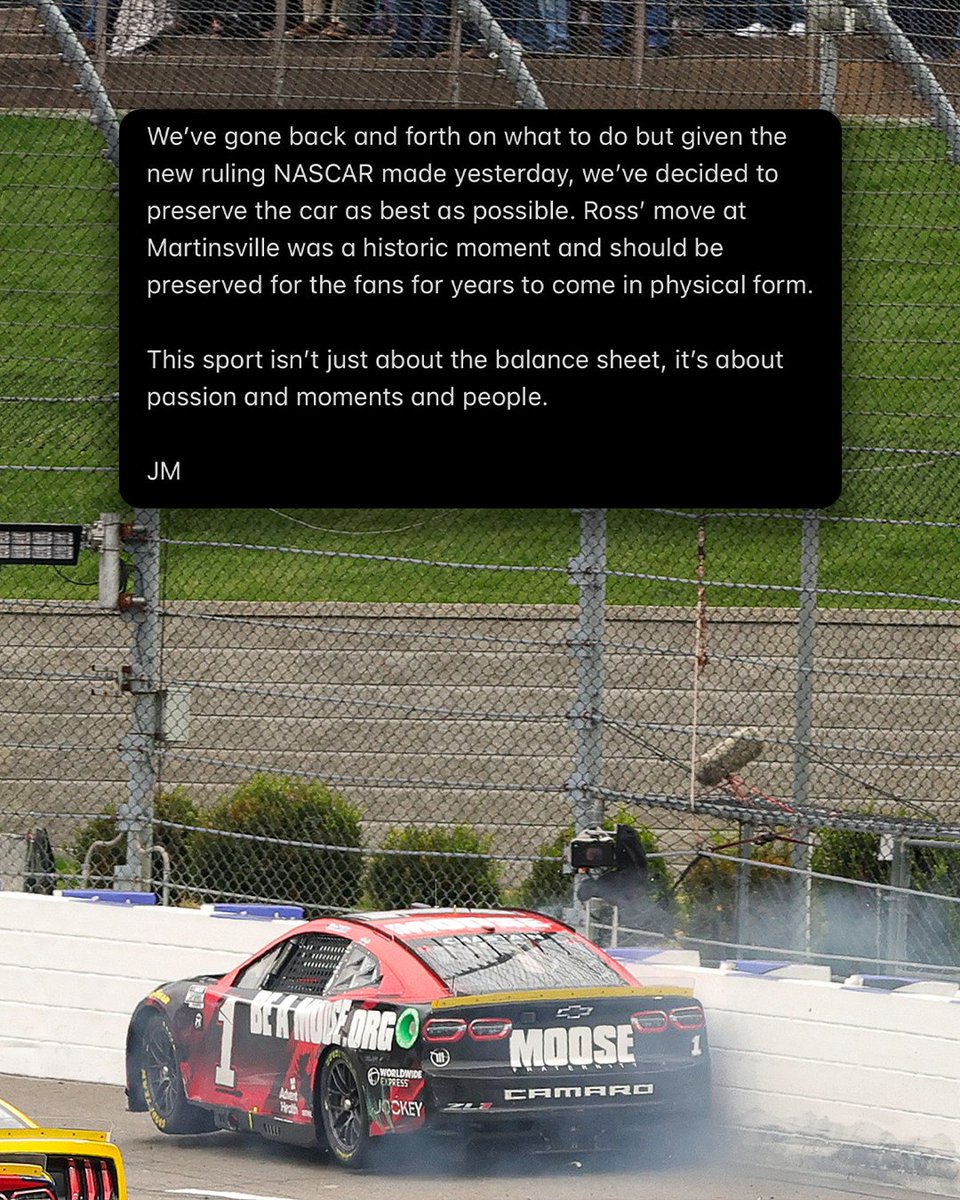 NASCARonNBC's tweet image. After further review…

Team owner Justin Marks and Trackhouse Racing are preserving Ross Chastain’s Martinsville car. #NASCAR