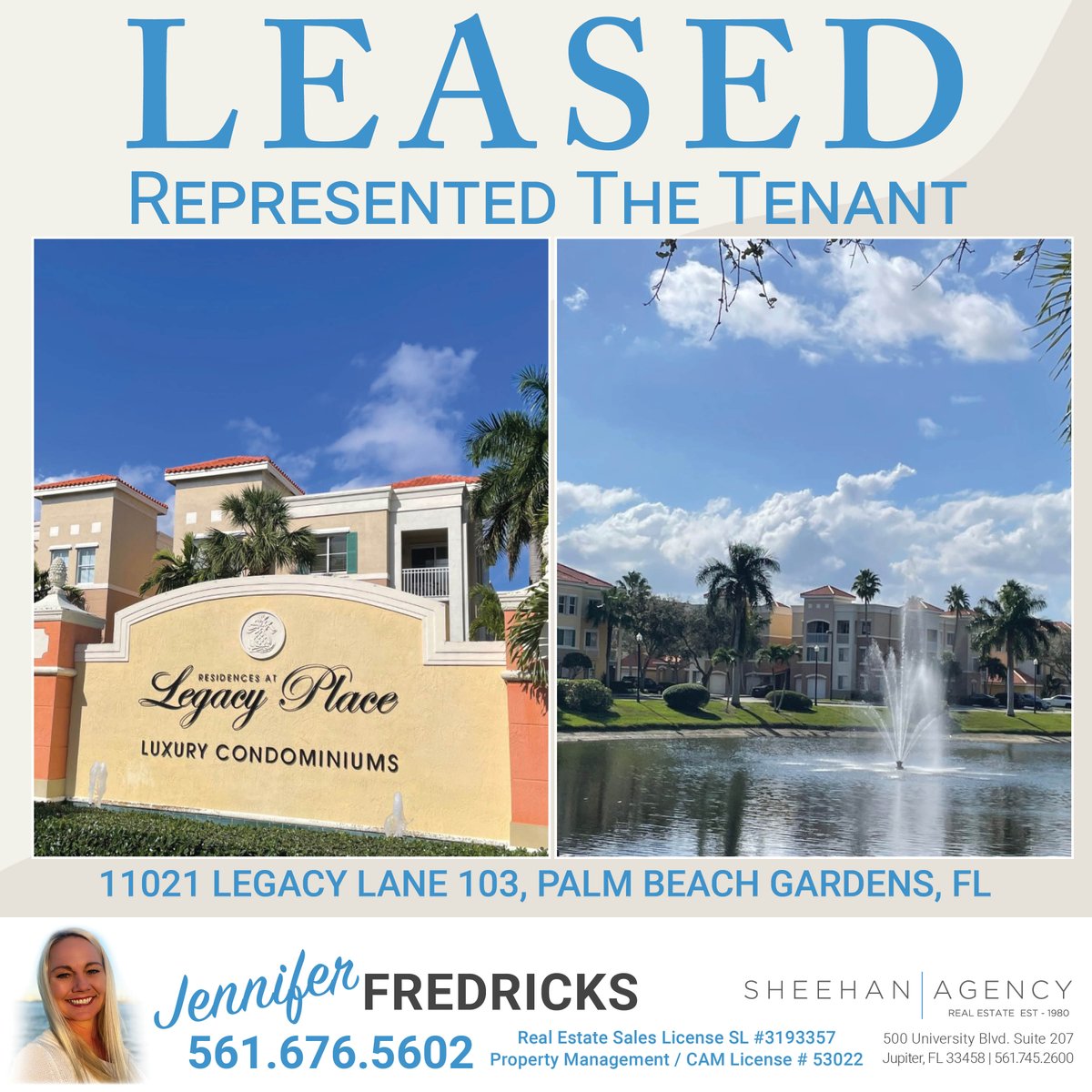 JennyFredricks's tweet photo. LEASED!✨
RESIDENCES AT LEGACY PLACE
Represented the Tenant!
📍11021 Legacy Lane 103, Palm Beach Gardens, FL
Jennifer Fredricks
561.676.5602
#adventurerealtor #leased #rented #justleased
#RepresentedtheLandlord #landlord
#thesheehanagency #legacyplace
#palmbeachgardens https://t.co/WYPFwPTOCo