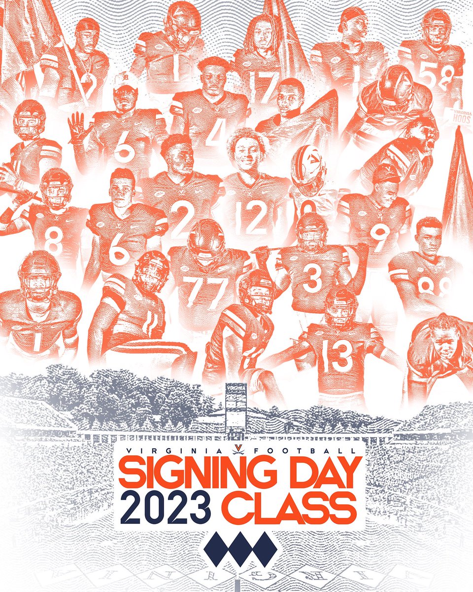 UVAFootball's tweet photo. The 2023 signing day class is 🔒 in! #HOOS23 🔶⚔️🔷
1.15.41🕊️
#UVAStrong | #GoHoos⚔️ https://t.co/q4TwIrMNQS