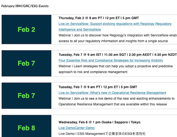 rickjtaylor's tweet photo. There's a lot happening in Risk and ESG at ServiceNow. Catch a few of these upcoming webinars and demos happening in February.  https://t.co/NWF6n8niK5 https://t.co/wPC1X0lyLn