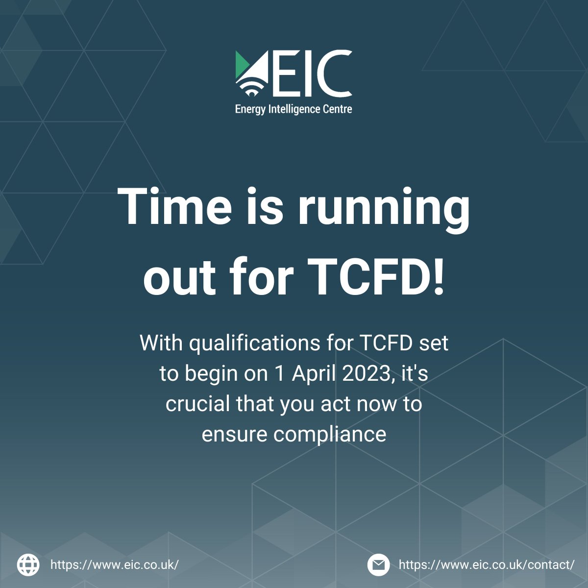 With qualifications for TCFD set to begin on 1 April 2023, it's crucial that you act now to ensure compliance. At EIC, we're already reviewing proposals for our clients and we want to help you too!

Contact us at eic.co.uk/contact/?utm_c… to schedule a free initial consultation.