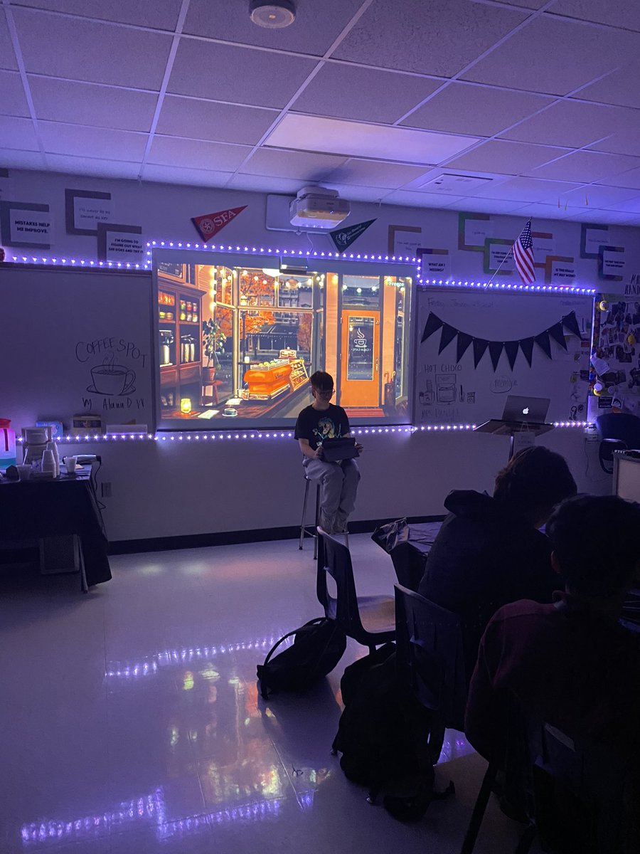 The Coffeehouse setup in my creative writing class last Friday was a hit!💙 We had hot cocoa, snacks, and willing participants! Good times! Can’t wait to do it again!