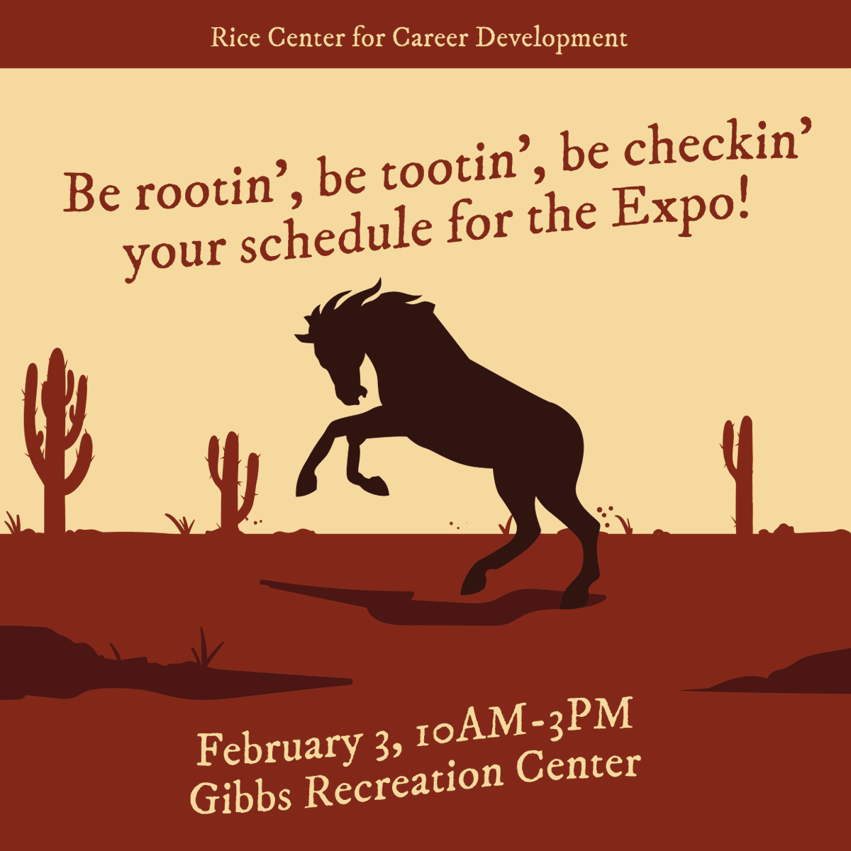 Be rootin', be tootin', and be checkin' your schedule this Friday because you do not want to miss the Spring 2023 Career &amp; Internship Expo! 

Be sure to check out Handshake to see who's coming. See you there!