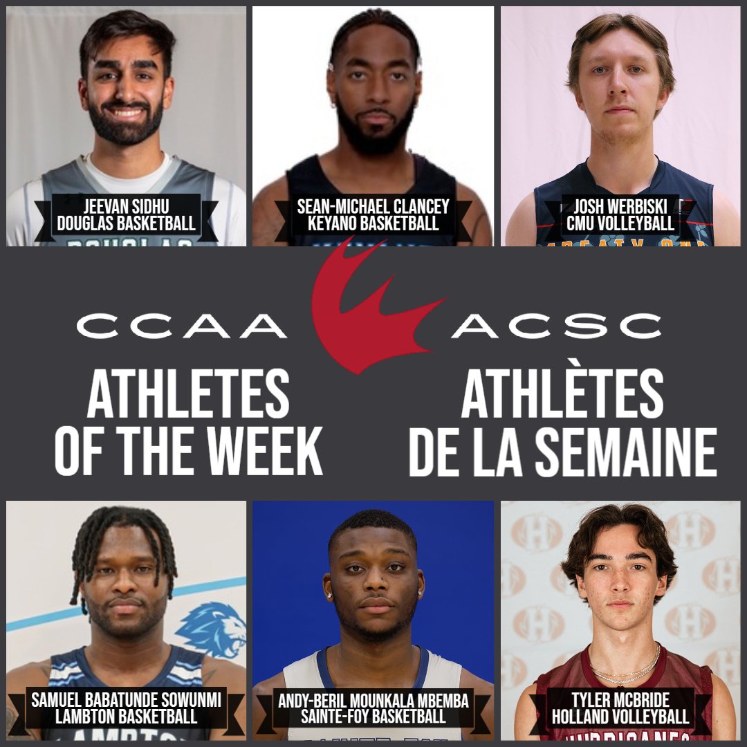 CCAAsportACSC's tweet photo. CCAA Male Athletes of the Week / Athlètes de la semaine masculin
🇨🇦 Tyler McBride, @HC_Hurricanes
🇨🇦 A-B Mounkala Mbemba, @DynamiquesCSF
🇨🇦 SBabatunde Sowunmi, @LambtonLions
🇨🇦 Josh Werbiski, @BlazersCMU
🇨🇦 Sean-Michael Clancey, @keyanohuskies
🇨🇦 Jeevan Sidhu, @RoyalsAthletics https://t.co/2bGpqcSxjA