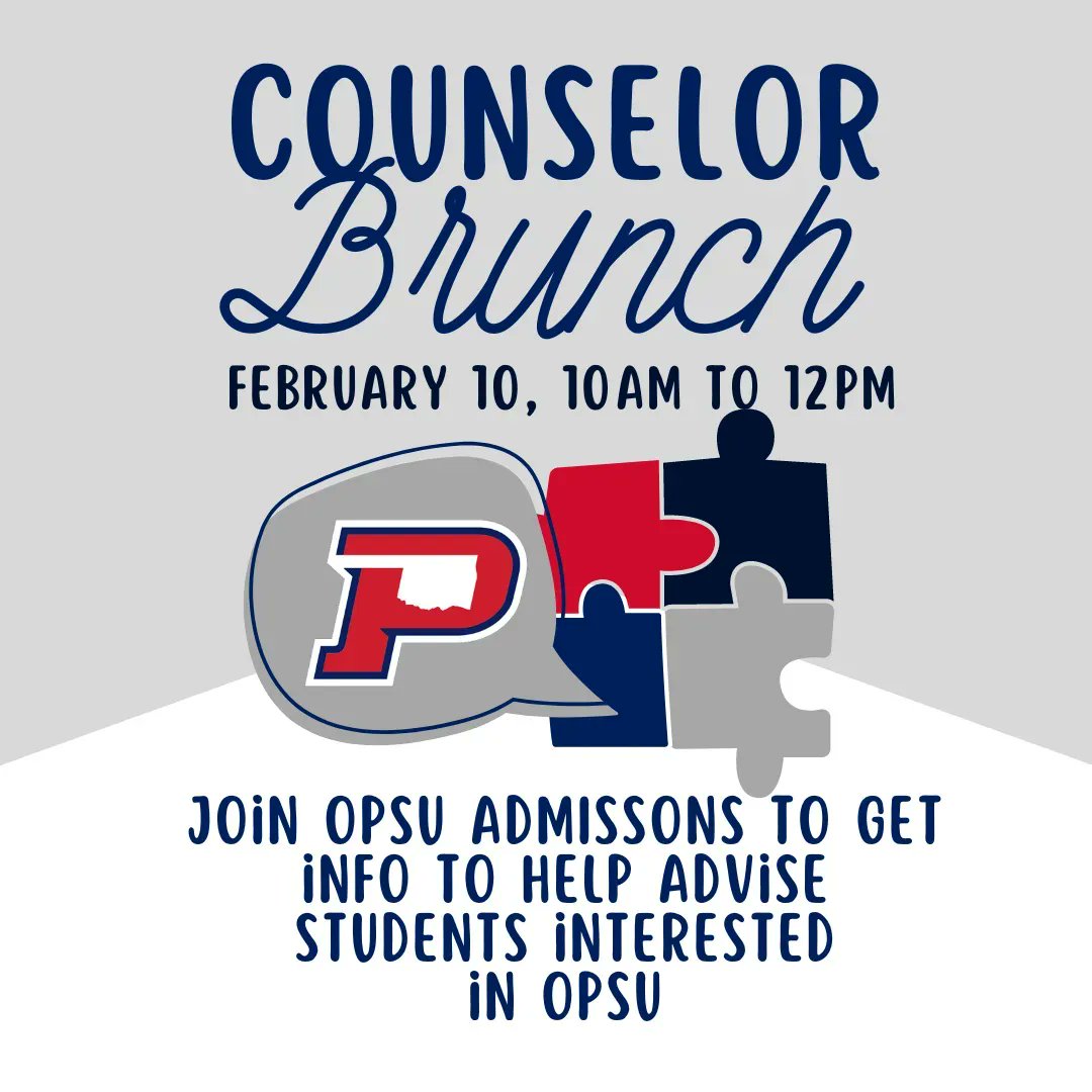 AdmissionsOpsu's tweet photo. OPSU Admissions is excited to welcome surrounding counselors to our Counselor Brunch! 

The Counselor Brunch will be held on February 10th!

Please reach out to us with any questions! https://t.co/IZCc91Ekbl