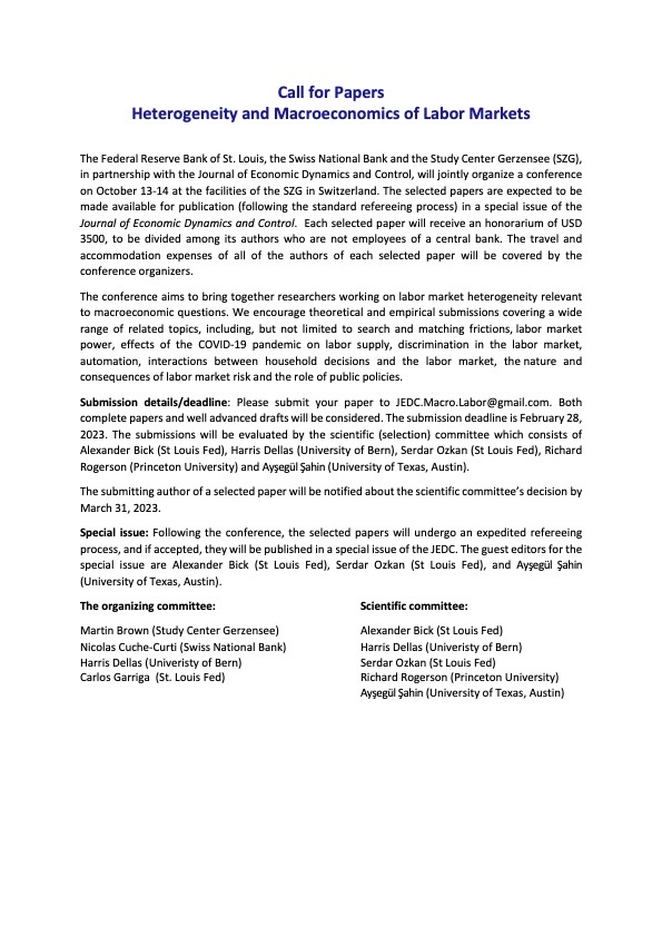 serdarozkanEN's tweet photo. Call for papers: We're organizing a macro-labor conference in Gerzensee, Switzerland on Oct  13-14. The selected papers will be published (following the standard refereeing process) in a special issue of the JEDC. Please submit your paper to JEDC.Macro.Labor@gmail.com by Feb 28. https://t.co/XKgSTbrjzy