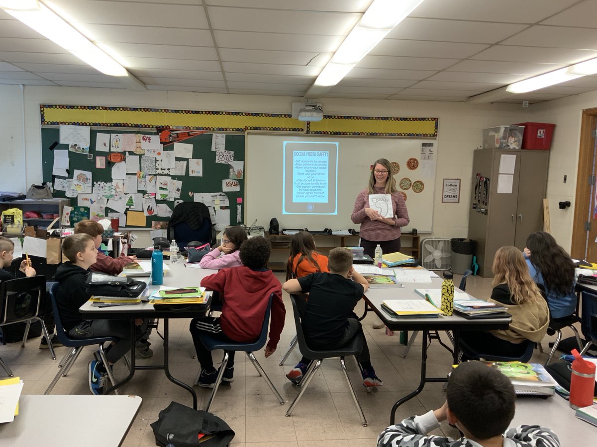 NOCSEagles's tweet photo. Pine School Counselor Mrs. Wilgus has been in the classroom teaching students about digital citizenship and our digital footprint. What is safe to post? What information shouldn’t be posted on social media and what should students do if someone reaches out to them? https://t.co/tKamHxHD4q