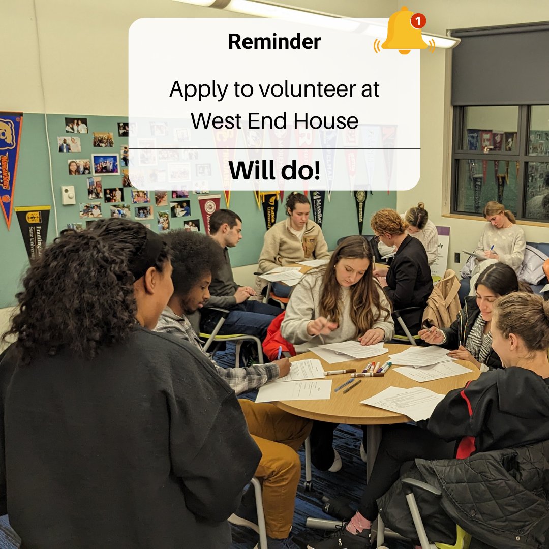 REMINDER- West End House is accepting volunteers to support our Reading Buddies, Academic Tutoring and Family Food Programs! Stop hitting the #snooze button and click this link to apply today: forms.gle/dJcuGzXWPq7R2L… .