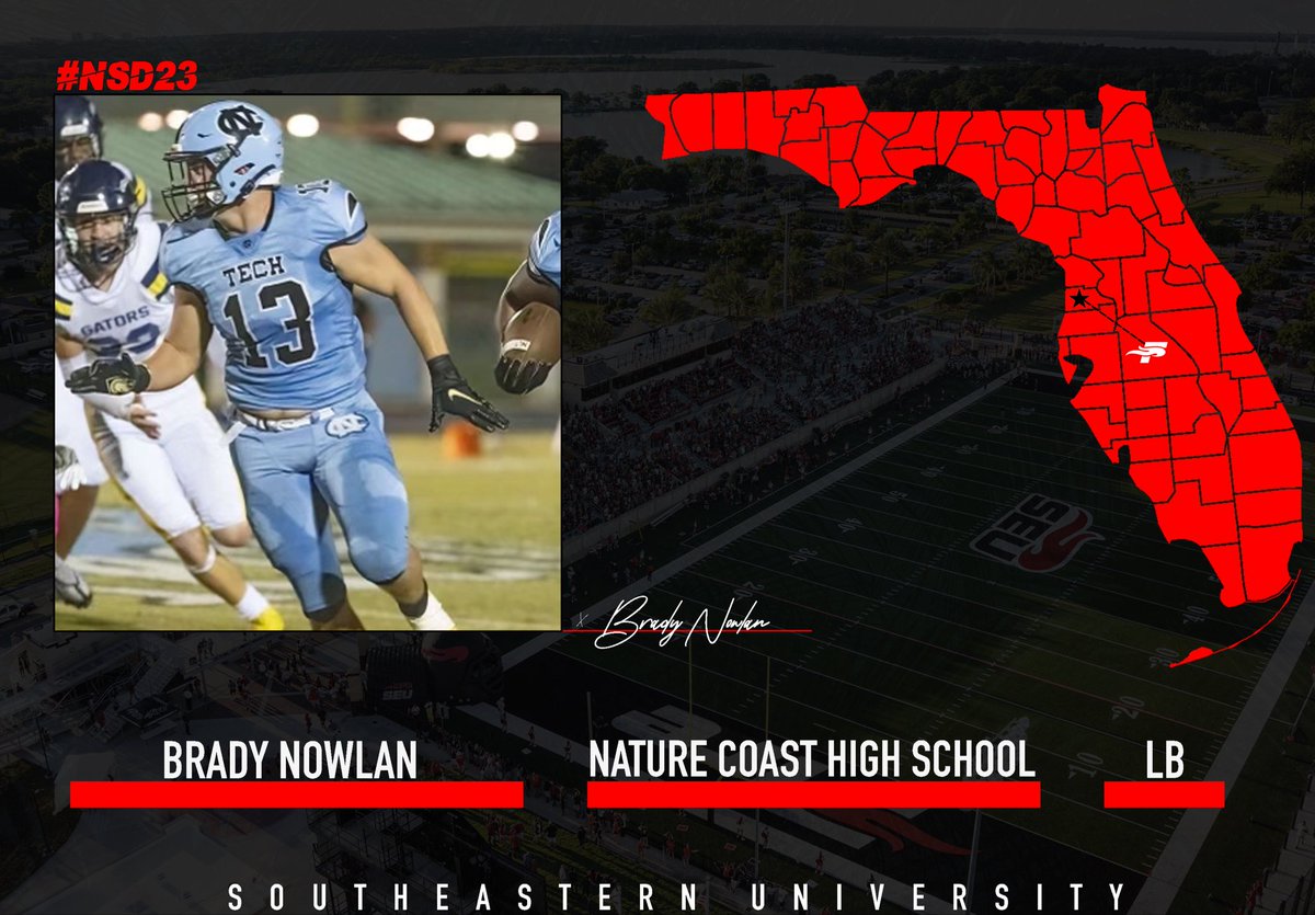 Southeastern Football (@seufirefootball) on Twitter photo ADDING A TWO-TIME DISTRICT PLAYER OF THE YEAR TO OUR DEFENSE 🔨
<a href="/bradynowlan15/">Brady Nowlan</a>
Nature Coast Tech High School
LB
#SIGNED #NSD23 #FireNation 🔥 ADDING A TWO-TIME DISTRICT PLAYER OF THE YEAR TO OUR DEFENSE 🔨
<a href="/bradynowlan15/">Brady Nowlan</a>
Nature Coast Tech High School
LB
#SIGNED #NSD23 #FireNation 🔥