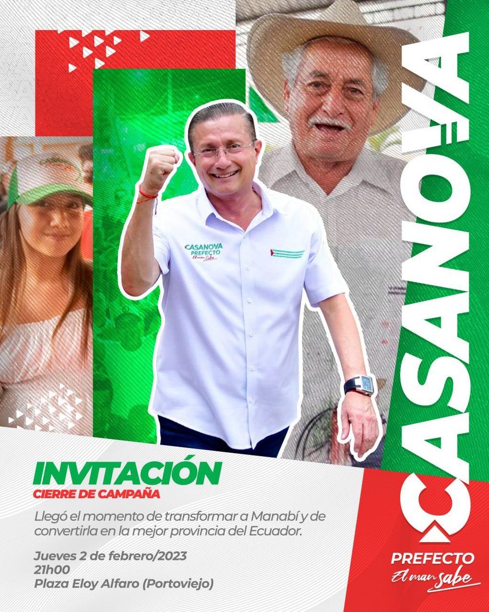 ManabiUnidad's tweet photo. Acompañanos al gran cierre de campaña desde Portoviejo, capital de nuestra provincia donde nuestro futuro Prefecto, Agustin Casanova tiene un mensaje importante para todos los manabitas.
Jueves 2 de febrero/2023
Plaza Eloy Alfaro de Portoviejo.
#ElManSabe
#CasanovaPrefecto2023💪 https://t.co/rc8XdWDmmq
