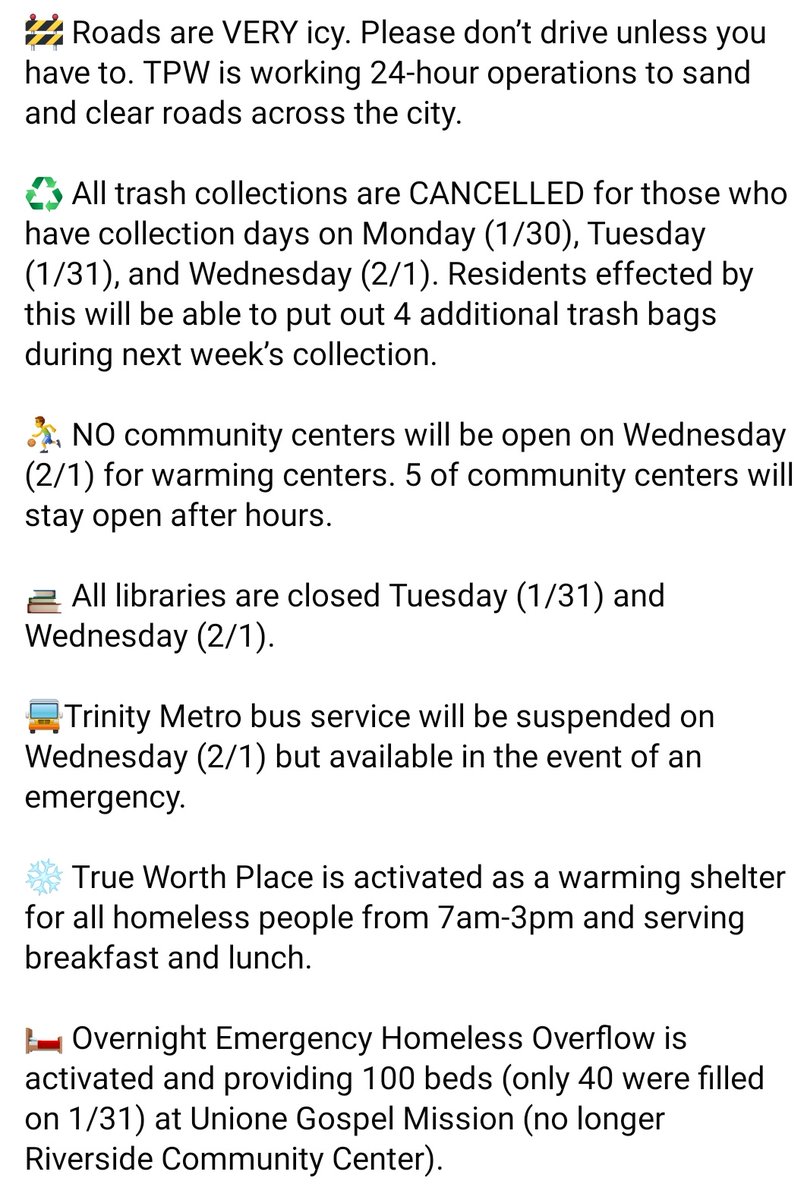 Hi all, just received word from the office of <a href="/ChrisNettlesD8/">Councilman Chris Nettles</a> office that the overnight warming shelter in Fort Worth, TX tonight will be Union Gospel Mission, located at 1331 E. Lancaster Avenue, Fort Worth, TX 76102. Please share. 
fortworthtexas.gov/winter