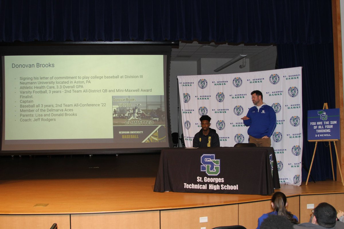 HawksSG's tweet photo. Congratulations to Donovan Brooks, Athletic Healthcare, for signing today to continue his student athlete career playing baseball at Neumann University in Aston, PA. #SGClassOf2023 @NeumannUniv @STG_Baseball @drjconnor299 #NCCVTWorks https://t.co/Nxm9yMK6Gk