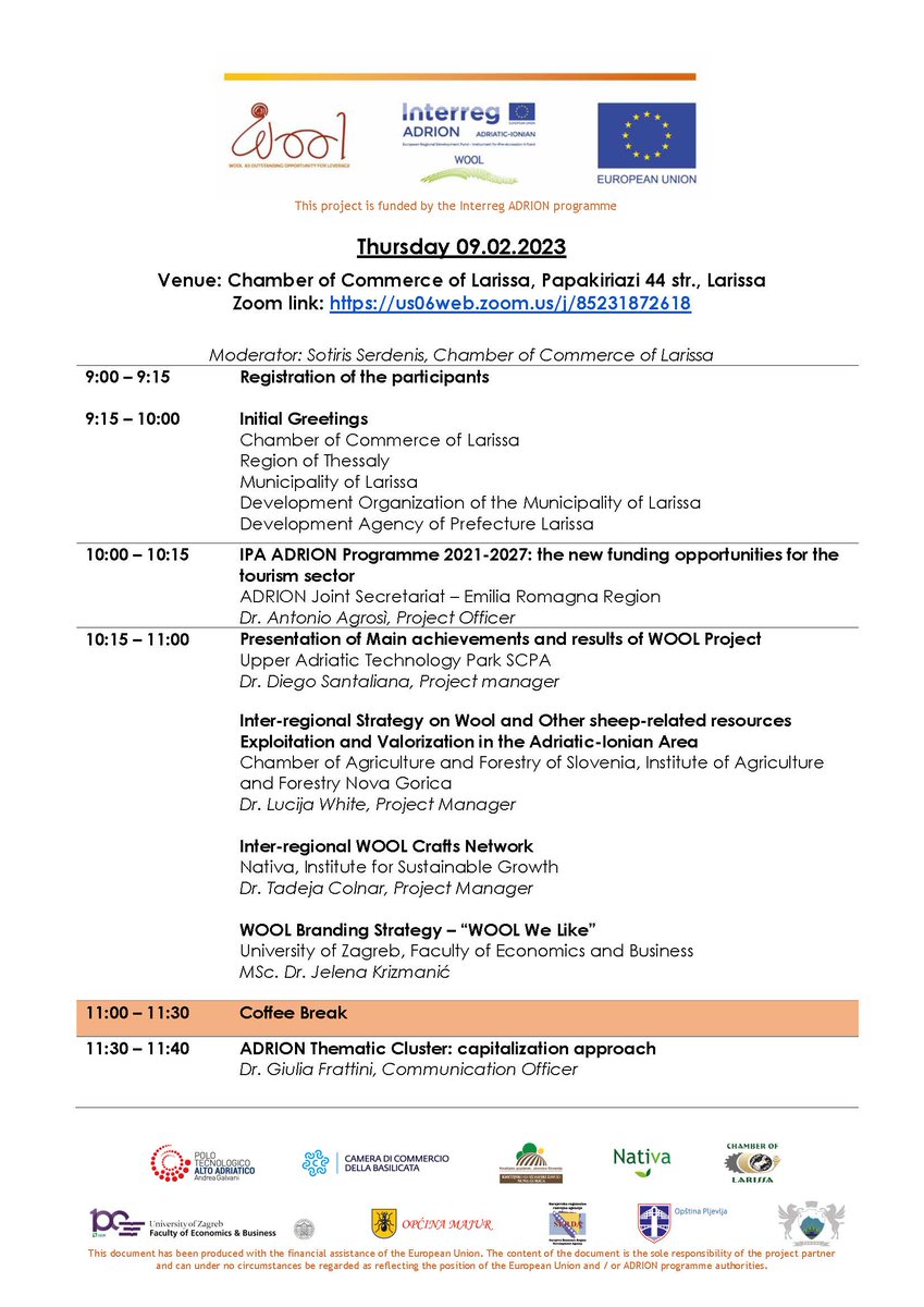 AdrionWool's tweet photo. #WOOL Final Conference
Larissa, 9th February 2023
#woolwelike #adrioninterreg #interregadrion https://t.co/amVGHCv0JU