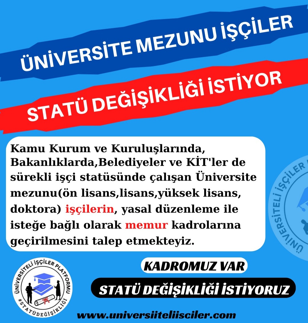 Kamuda çalışan yüzbini aşkın #Üniversiteliİşçiler #StatüDeğişikliği bekliyor

TBMM kapanmadan çözüme kavuşmalıdır.

<a href="/RTErdogan/">Recep Tayyip Erdoğan</a> <a href="/Akparti/">AK Parti</a> <a href="/vedatbilgn/">Vedat Bilgin</a> 

#TalepNetStatüDeğişikliği