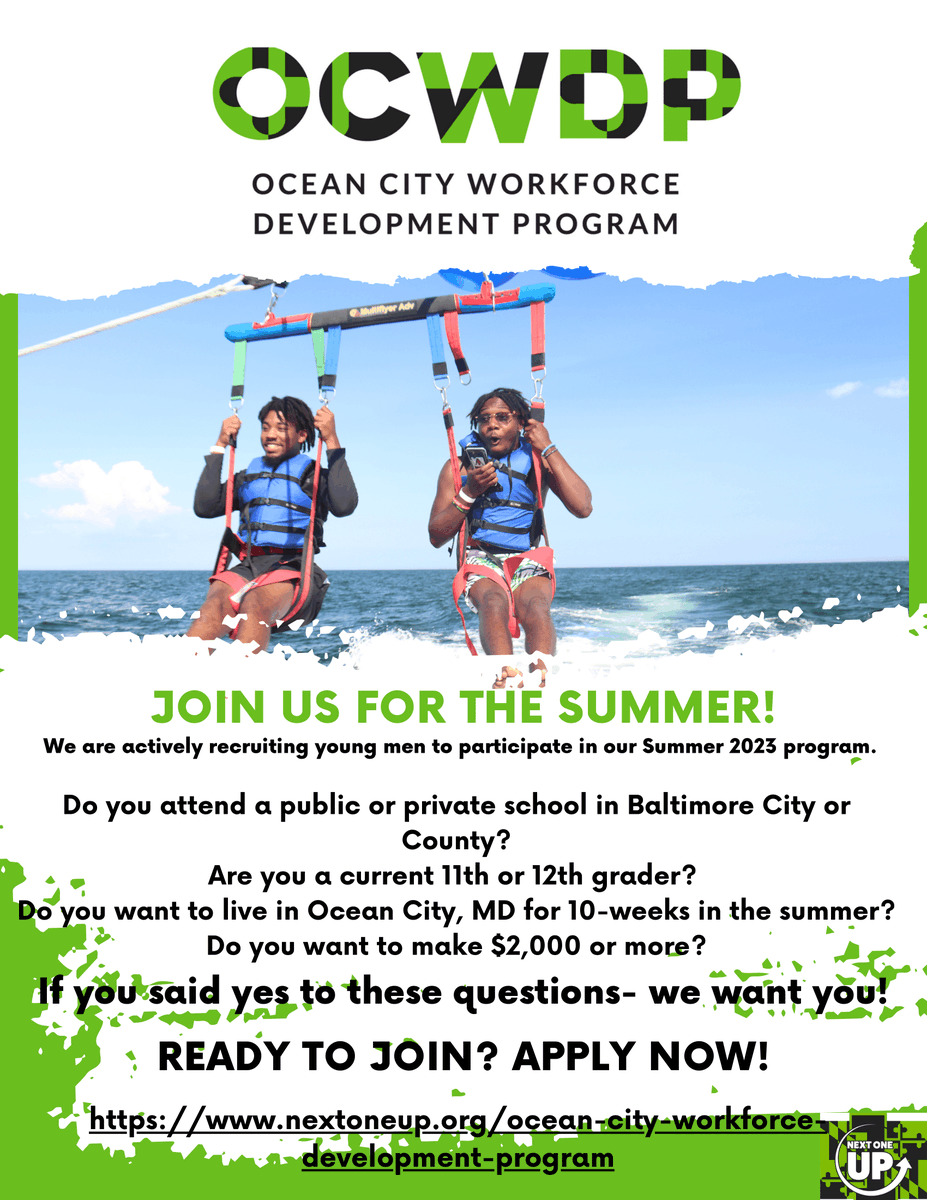 Don't Wait! Our Ocean City Workforce Development Program is actively recruiting young me to join us this summer! Think you have what it takes? Click the link in our bio and submit your application! We hope to see you in Ocean City this summer! ☀️🏖️ #Fam1ly #NOU #Baltimore #OC