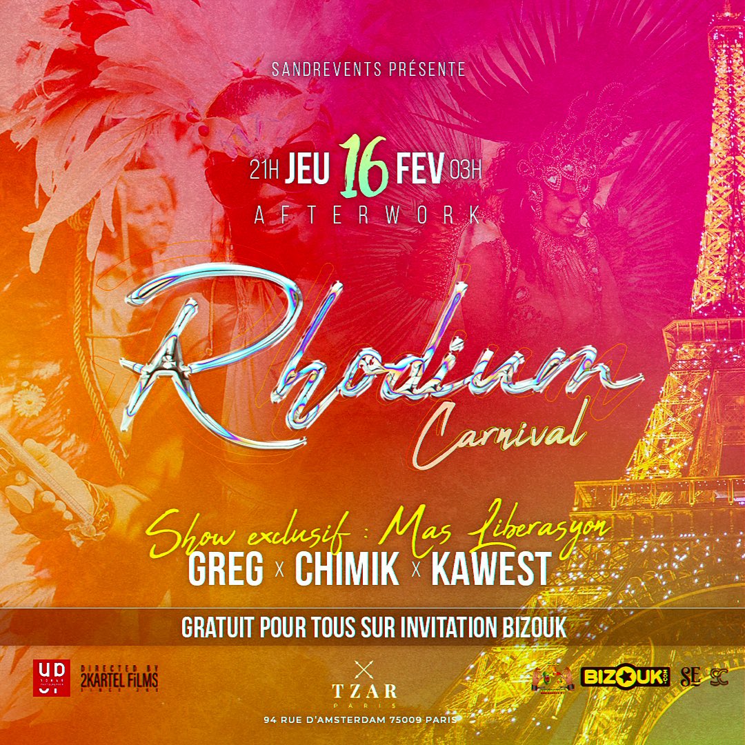 Hello Paris, on passe en mode afterwork 🥂🥰

Direction le TZAR pour la Rhodium Carnival 🥁

GREG x CHIMIK x KAWEST, ton événement 100% guadeloupéen te transportera sur l’île 🤩

Sans oublier un show du gwoup a pô MAS LIBÉRATION 🔥

🎟️ my.bizouk.com/rhodium-carniv… 🎟️