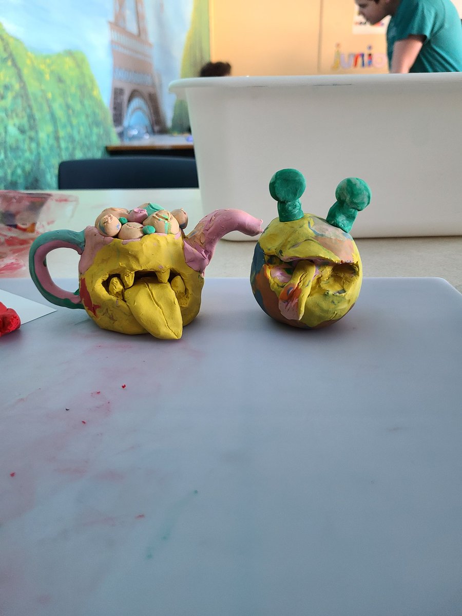 MrsD9Heather's tweet image. Look at our ferocious clay monsters from grade 7 art class! #art #modelingclay @NLESDCA @sjboscoschool