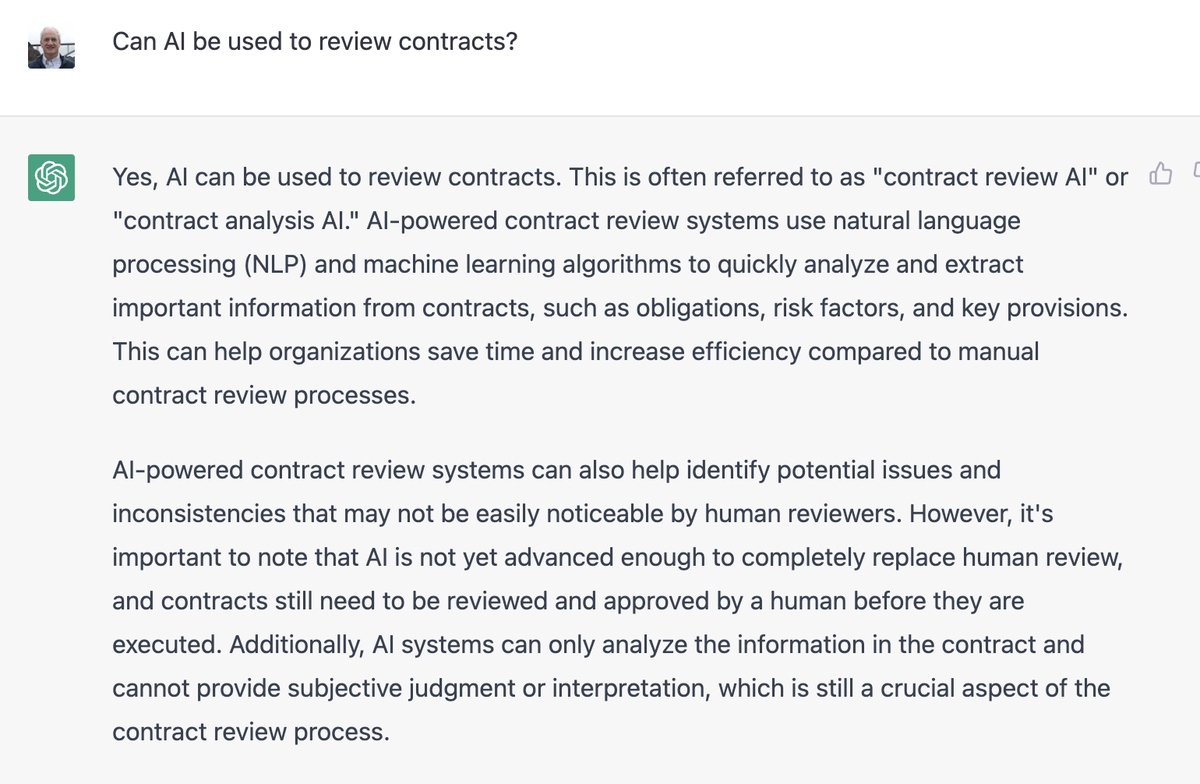 LegalSifter's tweet photo. We asked ChatGPT if AI can be used to review contracts. The answer is exactly what LegalSifter would say: "Contracts still need to be reviewed and approved by a human before they are executed."
#siftbeforeyousign #combinedintelligence #legaltech #chatgpt https://t.co/bYmLtMJLiD