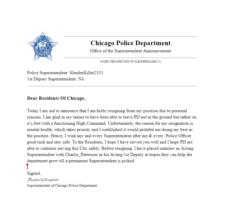 CPD_RBLX's tweet image. Statement from former Superintendent SlenderKiller. #RobloxChicago #Roblox