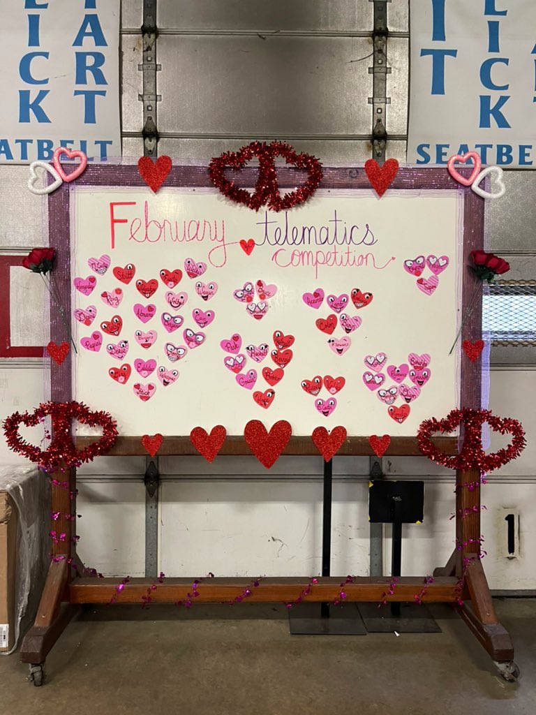 Our February Telematics Competition board 🏹❤️ Any driver for the month that appears on a telematics report for back first, backing mph, backs, backing distance, seatbelt, or record in travel, will be disqualified. All drivers remaining will be in the running for Telematics Titan