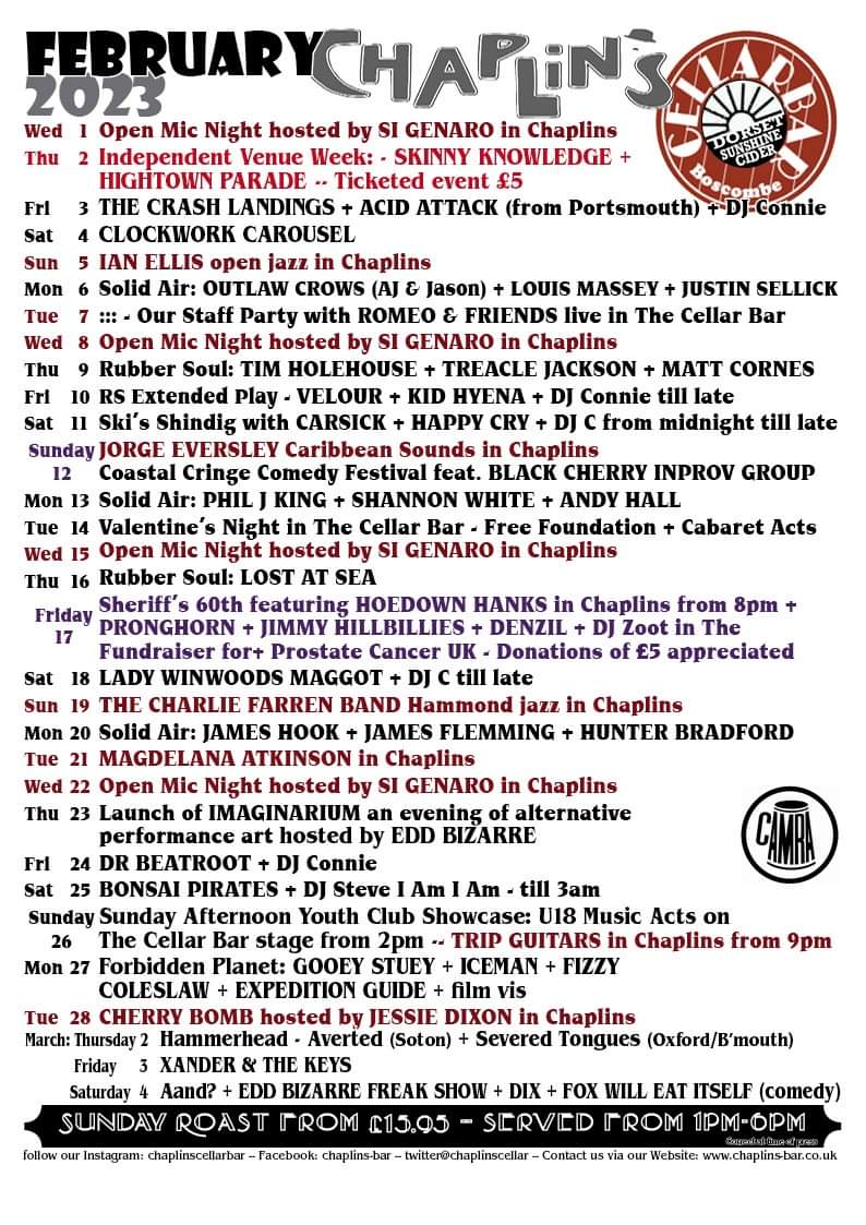 chaplinscellar's tweet image. Here are our listings but there's plenty of #entertainment in #boscombe this month. With 5 music &amp;amp; arts venues within 5 minutes walk including @o2bournemouth , Boscombe is a Mecca for arts &amp;amp; culture &amp;amp; live music.
@Bournemouthecho  @gr8musicvenues @musicvenuetrust @harrychaplins