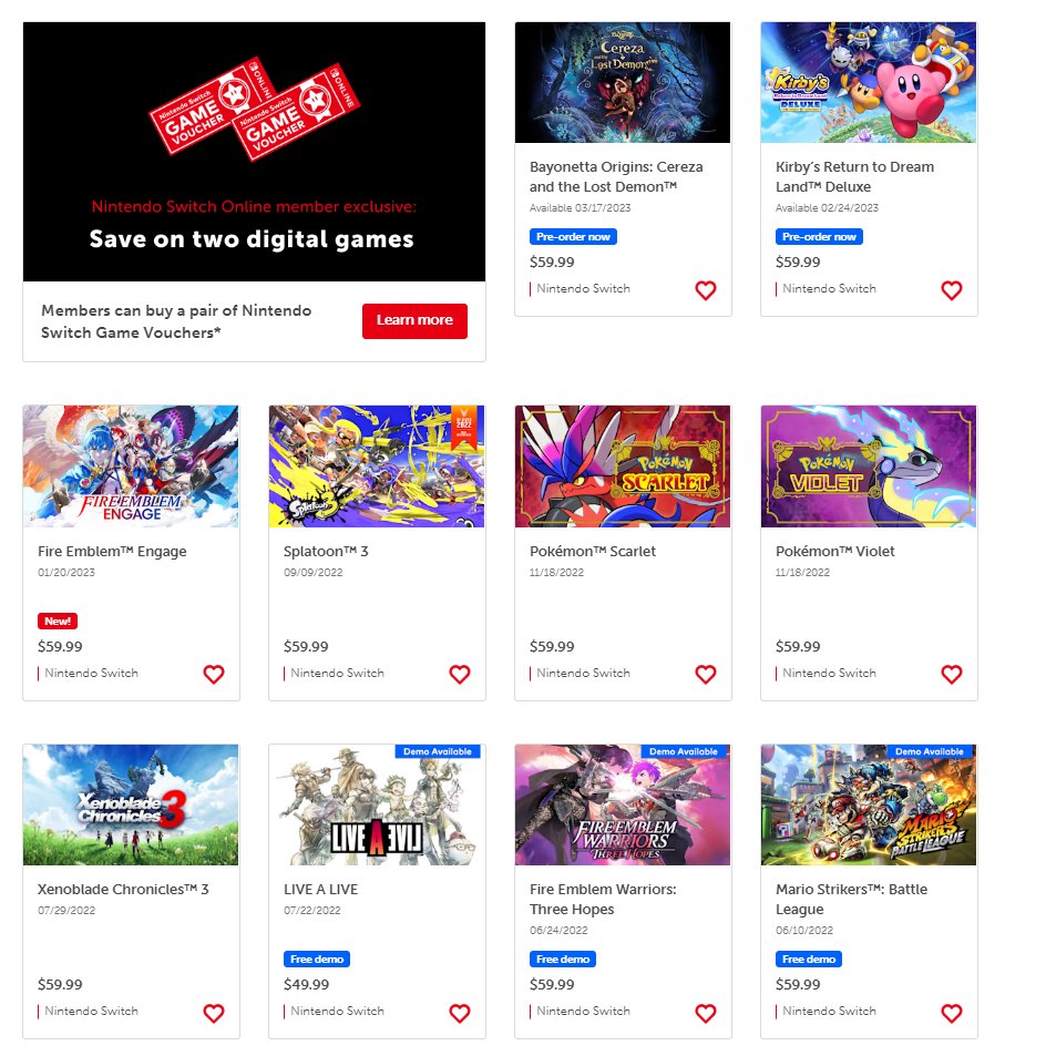 Wario64 on Twitter: "list of eligible games for Nintendo Switch game  vouchers https://t.co/UwYTh7hVoj New games are regularly added to the  catalog, including upcoming releases https://t.co/4J8dxGxHGo" / Twitter