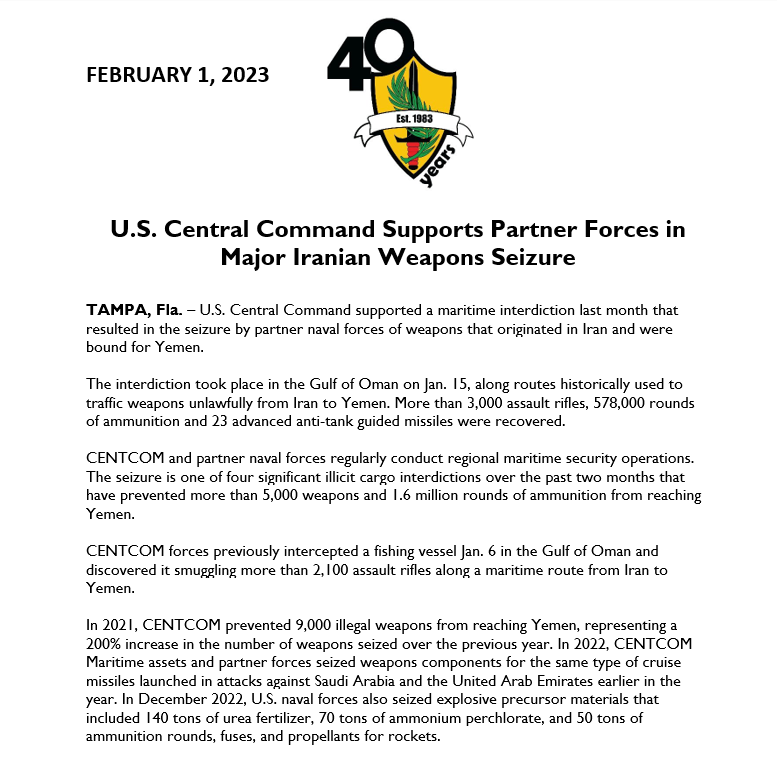 U.S. Central Command Supports Partner Forces in Major Iranian Weapons Seizure
https://t.co/7mBR0xpFet https://t.co/Ix75ol4vZ6