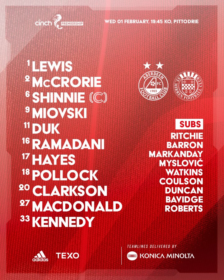 1. Joe Lewis 2. Ross Mccrorie  6. Graeme Shinnie (C) 9. Bojan Miovski 11. Luis 'Duk' Lopes 16. Ylber Ramadani 17. Jonny Hayes 18. Mattie Pollock 20. Leighton Clarkson 27. Angus Macdonald 33. Matty Kennedy  Substitutes: 30. Tom Ritchie (Gk) 8. Connor Barron 10. Dilan Markanday 14. Patrik Myslovič 15. Marley Watkins 22. Hayden Coulson 23. Ryan Duncan 36. Alfie Bavidge  37. Callum Roberts