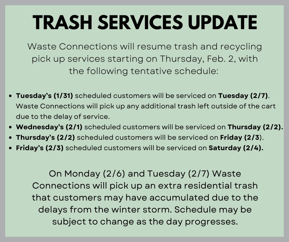 Taylor Tx on Twitter "Waste Connections will resume trash and recycling pick up services