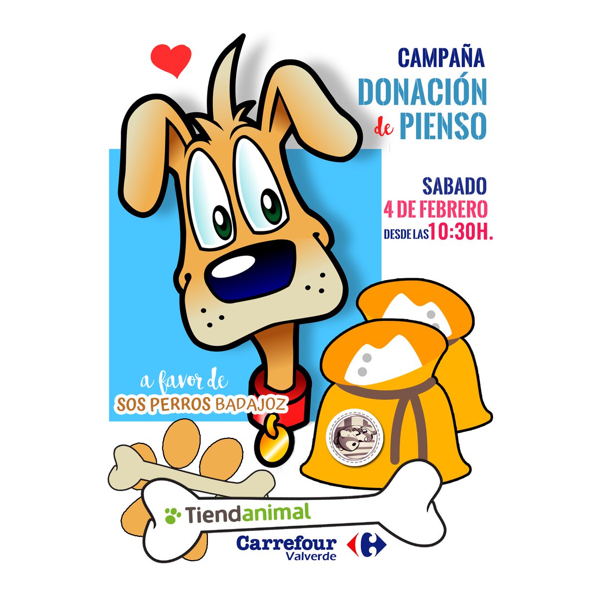 Este próximo sábado 4 de febrero estaremos en <a href="/tiendanimal/">Tiendanimal</a> en el Carrefour de la carretera de Valverde (#Badajoz) desde las 10:30 h. de la mañana recogiendo pienso para nuestros perretes.
Os esperamos!!!

#protectora #donacion #badajoz #perro