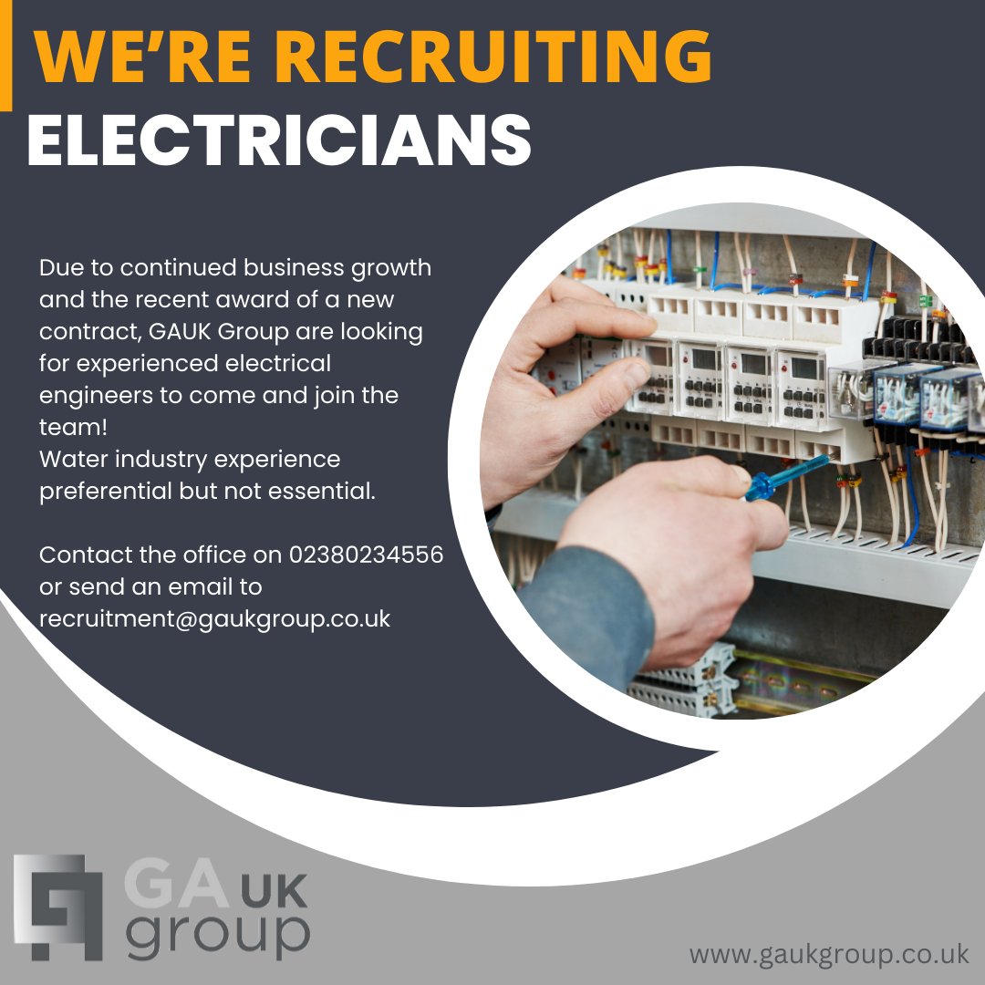 gauk_group's tweet photo. We’re recruiting Electrician's
Due to a recent contract award we are looking for electrical engineers to join our team. Send your CV to recruitment@gaukgroup.co.uk or call 02380234556.
#gaukgroup #gaelectrical #water #electrician #electricalengineers https://t.co/oNk3P9MmUX