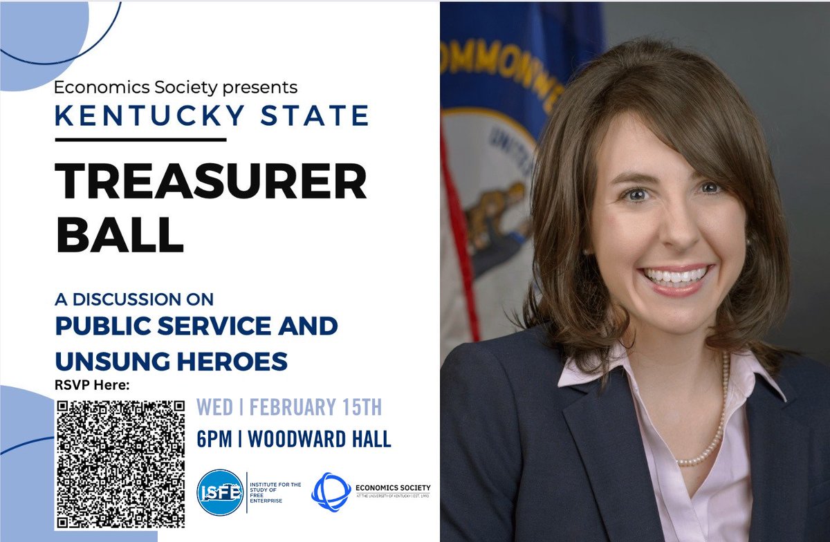 Don't forget to RSVP for the Economics Society event co-sponsored by ISFE 
"A Discussion on Public Service and Unsung Heroes" with Treasurer Allison Ball 
🗓️February 15th
🕑6pm
📍Gatton B&amp;E Woodward Hall gatton.uky.edu/econ-society-p…