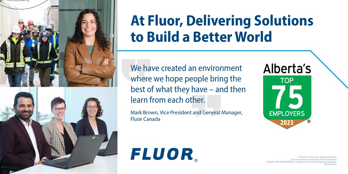 We are proud to be recognized as one of Alberta's Top Employers. Around the world, Fluor is committed to fostering a work environment that embraces diversity, equity and inclusion, where all employees are able to fulfill their potential. <a href="/top_employers/">Canada's Top 100 Employers</a> bit.ly/3RvVA3q