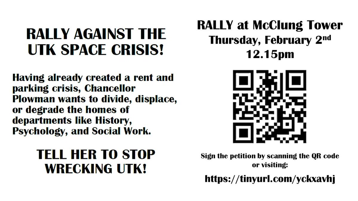Tomorrow (Feb 2nd) there is a rally re: the UTK space crisis - McClung Tower, 12:15pm! Spread the news far and wide!