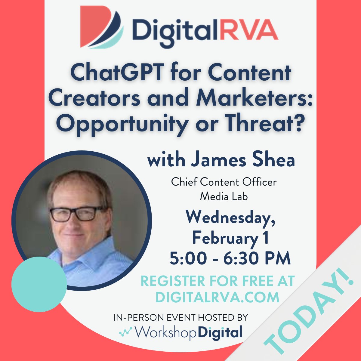 At 5 p.m. today, join us at @VentureXRVA for #DigitalRVA! Hear from James Shea of Media Lab as he talks all things #ChatGPT for content creators and marketers.

Register for FREE > digitalrva.com

See you there! #RVA #rvameetup #rvanetworking
