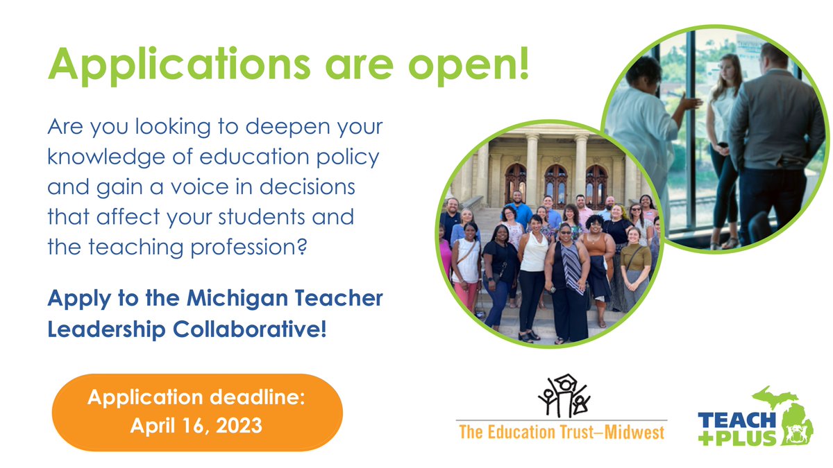 TeachPlusMI's tweet photo. Applications for the 2023-24 Teacher Leadership Collaborative cohort are officially open! MI teachers with an interest in policy and advocacy work are encouraged to apply. No policy experience required! 

Learn more: https://t.co/dbgXpITt3p

Apply here: https://t.co/LAYtM0UrXn https://t.co/ljCsUaKhjE