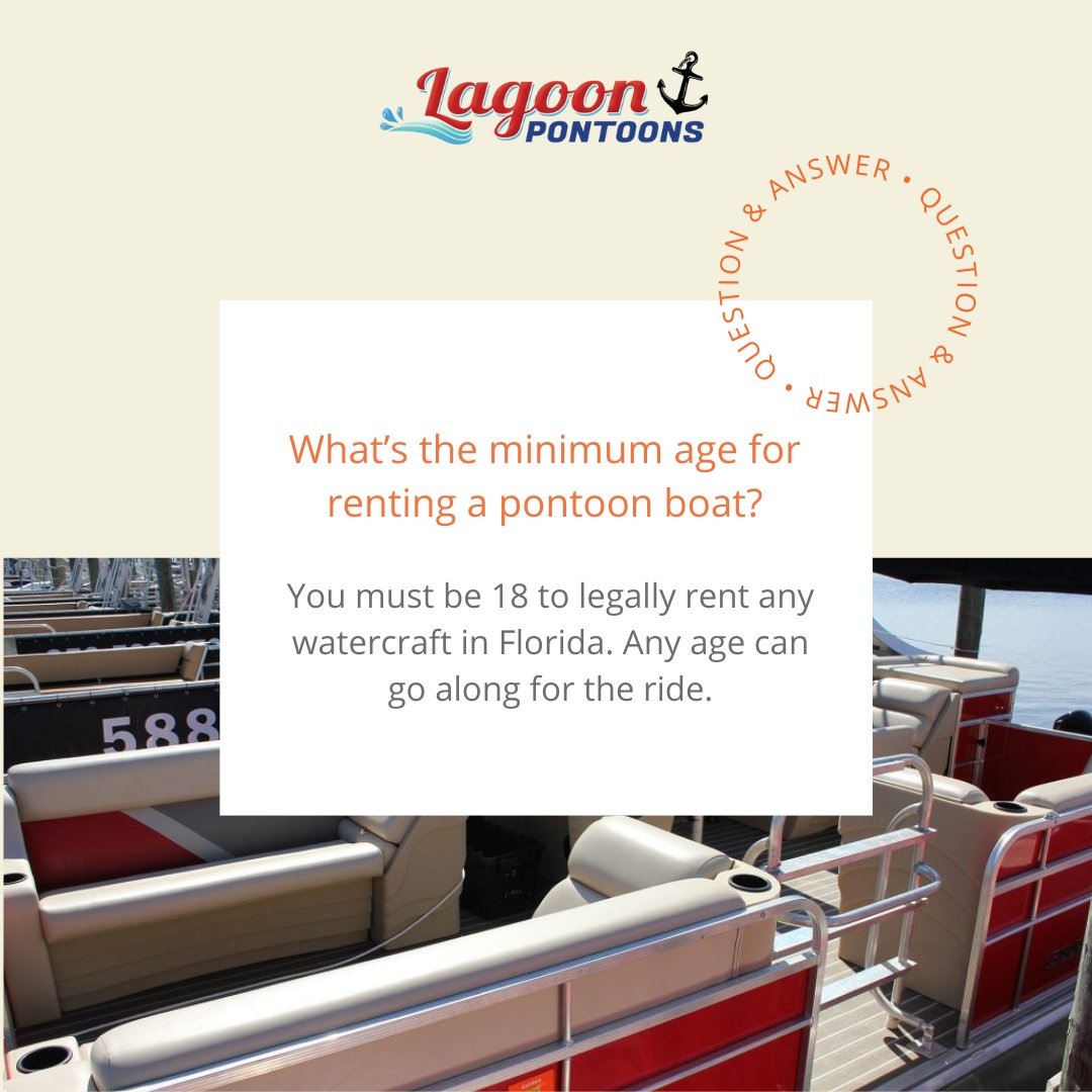 FAQ 
Q: What’s the minimum age for renting a pontoon boat?
A: You must be 18 to legally rent any watercraft in Florida. Any age can go along for the ride.

#ThingsToDoPCB #LagoonPontoons #PCBfun #panamacitybeach #florida #pontoon #boating #boat #fishing #pontoonrental #jetski