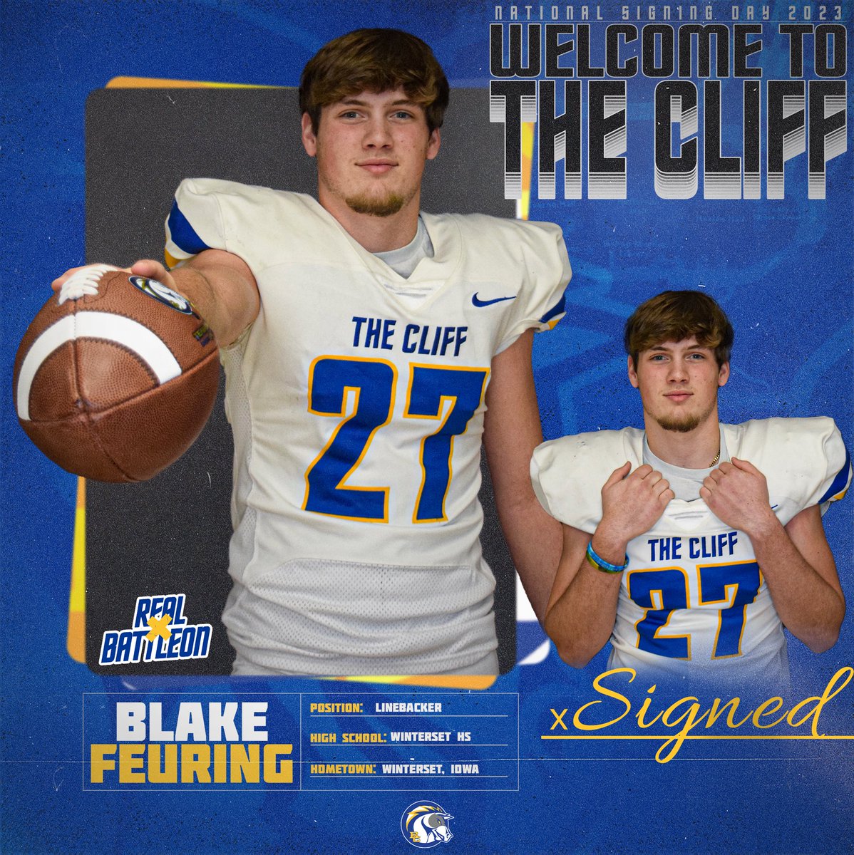 BriarCliffFB's tweet image. National Signing Day 2023‼️
✍️| Blake Feuring 
📱| @feuring_blake 
📍| Winterset HS
🚨| Linebacker 
📋| 6’3” 200
🎥| 

#BattleOn | #ALLIN
