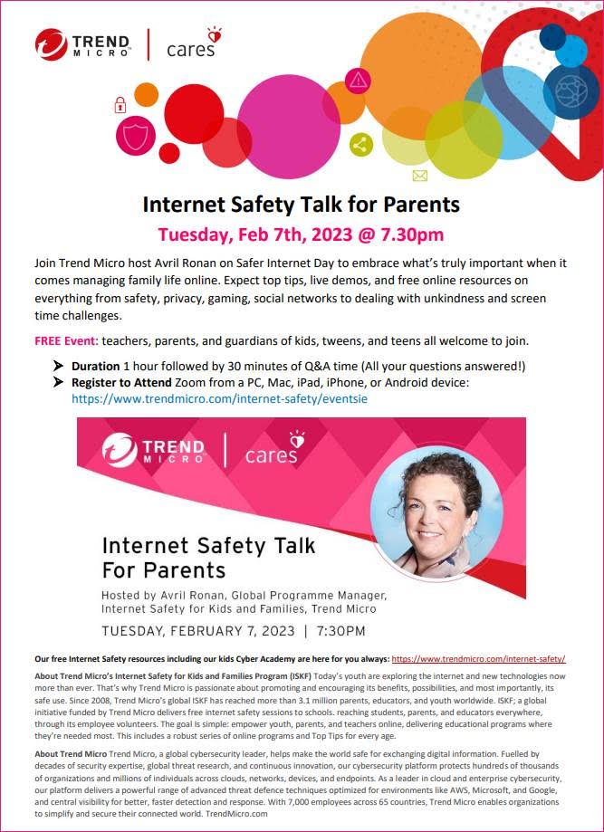 Next Tuesday, 7th February is Safer Internet Day.
Find out more with this great talk by Avril Ronan of Trend Micro.
Go to trendmicro.com/internet-safet… to register