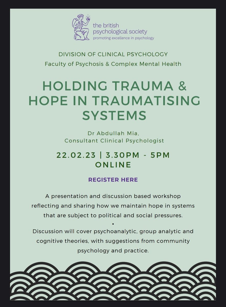 I'm facilitating a conversation with <a href="/PCMHbps/">PCMH DCP</a> a Faculty of <a href="/UKDCP/">Division of Clinical Psychology</a> with the <a href="/BPSOfficial/">British Psychological Society</a>.

I'll not have answers, I struggle with this myself, but I'm hoping there may be connections, ideas, solidarity and reflections that can sustain us. 

Book here
bps.org.uk/event/holding-…