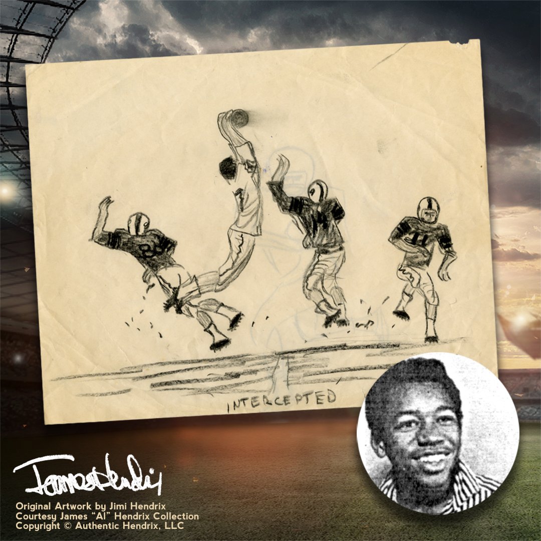 Did you know that before Jimi Hendrix picked up the electric #guitar 🎸, he played #football? 🏈 More than just an #athlete, young #Jimi was also quite the #artist. 🎨 Check out the convergence of talents on this 'Intercepted' drawing circa 1956.

#JimiHendrix #Hendrix #Jimi80