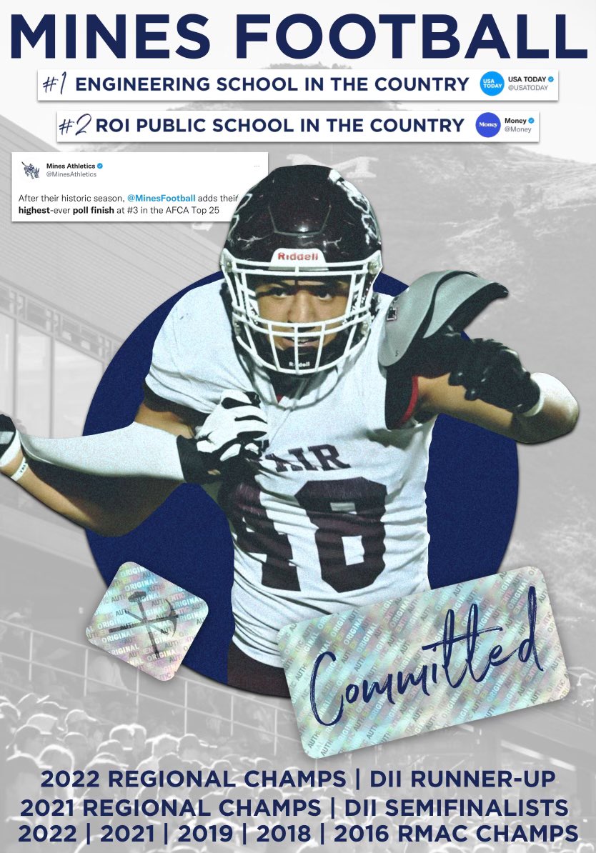 JustinV48's tweet photo. Excited to continue my academic and athletic career at Colorado School of Mines. I would like to thank my family, coaches, teammates and teachers for helping get to this point. @coachTthomas6 @madbacker56 @shane_rink @CoachHicks_5 @millerjeff15 @BFND_Football https://t.co/RUFIU2EKNd