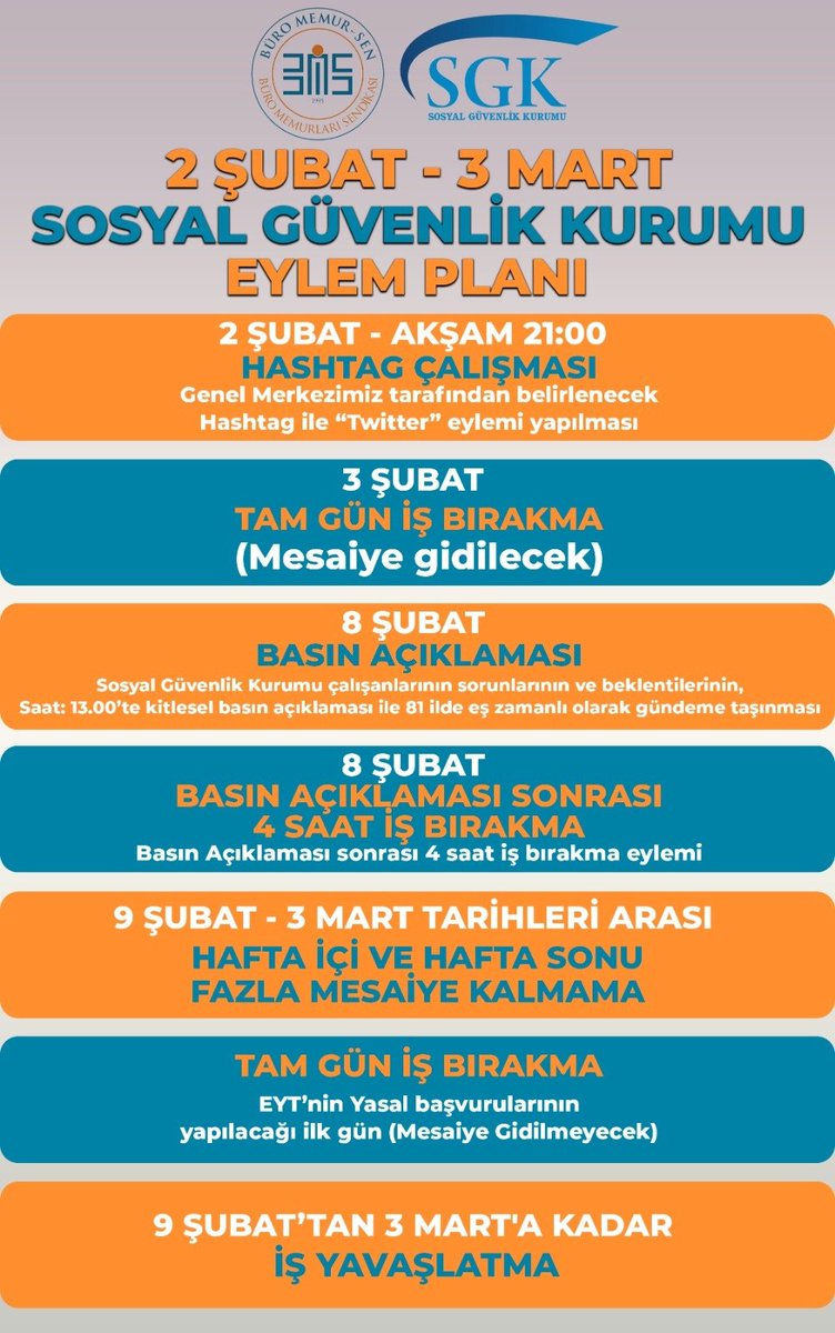 BuroMemurSen_'s tweet photo. SUS PAYI İSTEMİYOR
SGK'DA EYLEME GİDİYORUZ!

EYT, Sözleşmelilere Kadro, 3600 Düzenlemesi ve Prim Borçlarının Yapılandırılmasının getirdiği iş yükü ve fazla mesainin karşılığını istiyoruz!

SGK PERSONELİNİ EZDİRMEYECEĞİZ
2 ŞUBAT’TAN İTİBAREN EYLEM PLANIMIZI HAYATA GEÇİRİYORUZ. https://t.co/nIIqUDsTM2