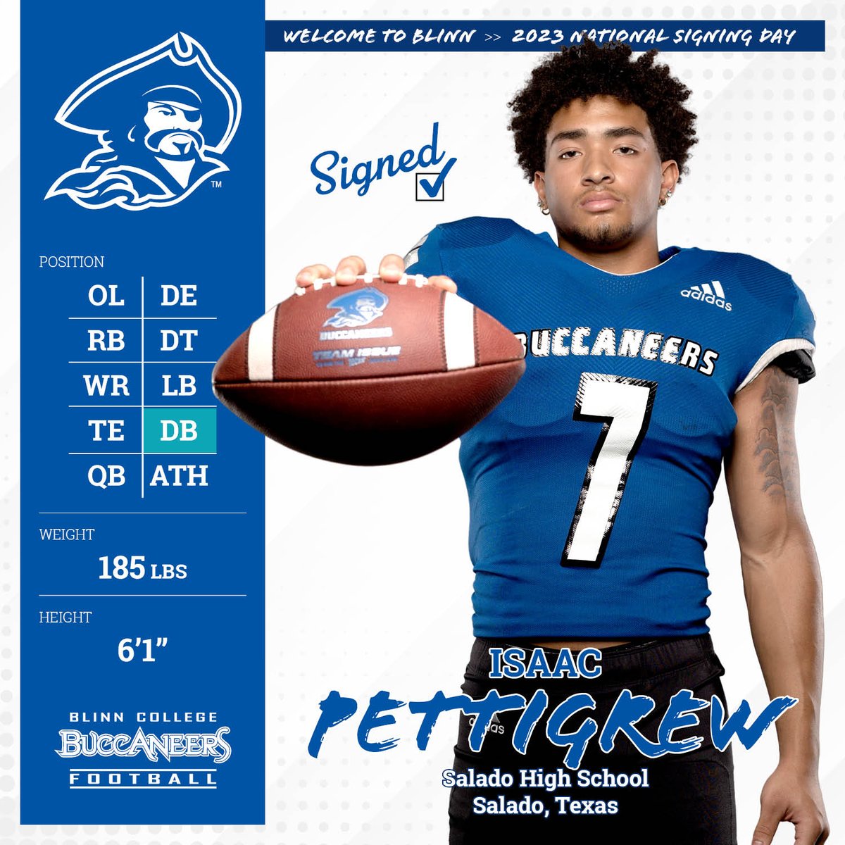 🖊️NSD23
🏈@IsaacPettigrew
📍Salado, TX (Salado HS)
The newest member of the BucNation!! Welcome aboard!!🔵⚪️⚔️🏴‍☠️ #D1OfferU #FullSpeedAhead
