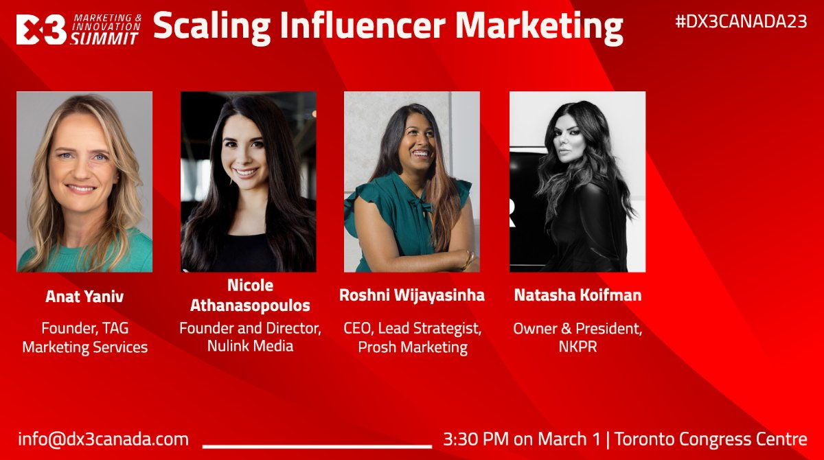 "Excited to introduce our speakers for the Scaling Influencers Panel!

They will share the way how use the influencers effectively to boost the engagement 

Register now to get your All Access Pass ⬇️ 
dx3canada.com/register "