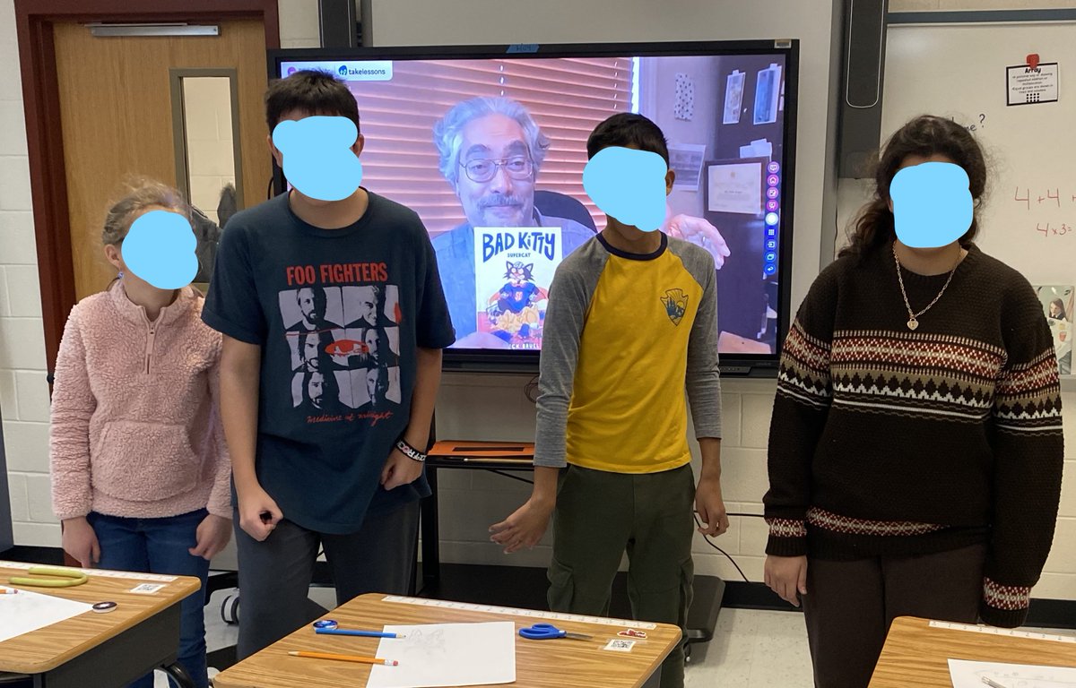 The autism class loved getting a selfie with Bad Kitty author <a href="/nickbruel/">Nick Bruel</a> during <a href="/MicrosoftFlip/">Flip</a> World Read Aloud Day activity.  Our kitties looked pretty awesome too! #pwcsitc #WorldReadAloudDay 📚💕 #badkitty
<a href="/MacKidsBooks/">MacKids Books</a>