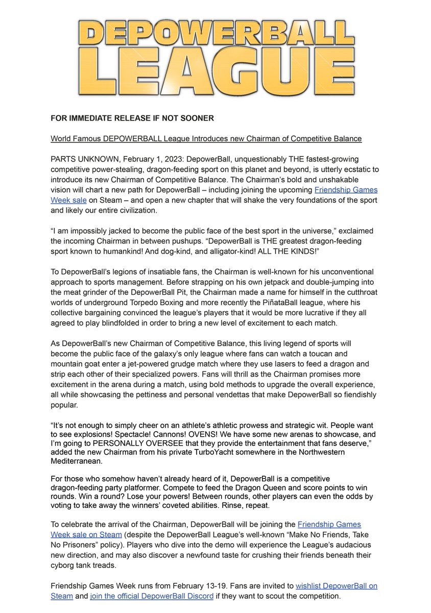 BREAKING: DepowerBall League Announces "Bold" New Chairman &amp; #FriendshipGamesWeek Steam Sale Participation. 

Details here: mailchi.mp/3dec924248e7/d… #indiedev #gamedev #wishlistwednesday